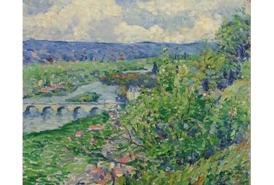 Leon Kroll (American, 1884-1974), Landscape with Bridge, Oil on canvas, 21 1/8 x 25 1/2 inches.  Est $6,000-8,000 