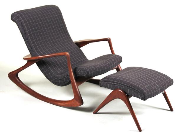 Vladimir Kagan’s Plaid-Upholstered Walnut Rocking Chair and Ottoman