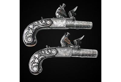 Pair of Flintlock Pocket Pistols Inlaid with Gold and Silver by John George Lacy, London, circa 1810-1814