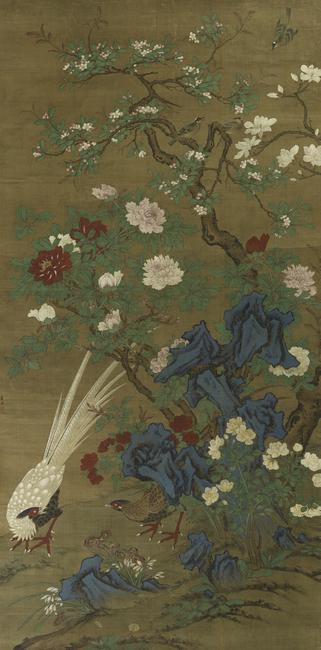 “Silver Pheasants under Spring Blossoms” Hanging scroll, ink and color on silk 291.3 x 144.9 cm.  (114 ¾ x 57 in.) 