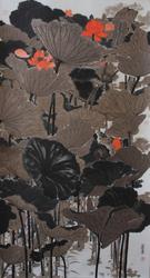 Mansheng Wang (b.  1962) "The Red Lotus" 2016 Hanging scroll, ink, walnut ink and color on paper 71 x 27 1/2 in.  