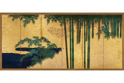 Kano School, Old and Young Bamboo (detail).  A pair of six-panel folding screens; Mineral colors on gold leaf, with cut gold squares and moriage (raised relief).  Edo period, first half of the 17th century, circa 1640/1650; Each H.  72 x W.  150 in.  