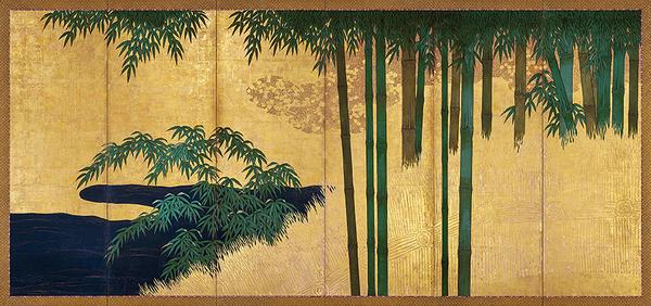 Kano School, Old and Young Bamboo (detail).  A pair of six-panel folding screens; Mineral colors on gold leaf, with cut gold squares and moriage (raised relief).  Edo period, first half of the 17th century, circa 1640/1650; Each H.  72 x W.  150 in.  