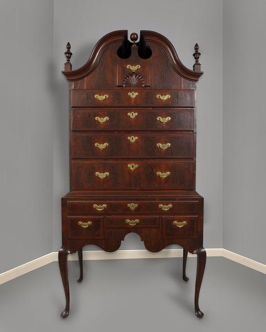 The Samuel Gardner Important Queen Anne Walnut and Walnut-Veneered Bonnet Top Highboy; Salem, MA; ca.  1740; Estimate: $50,000-100,000 