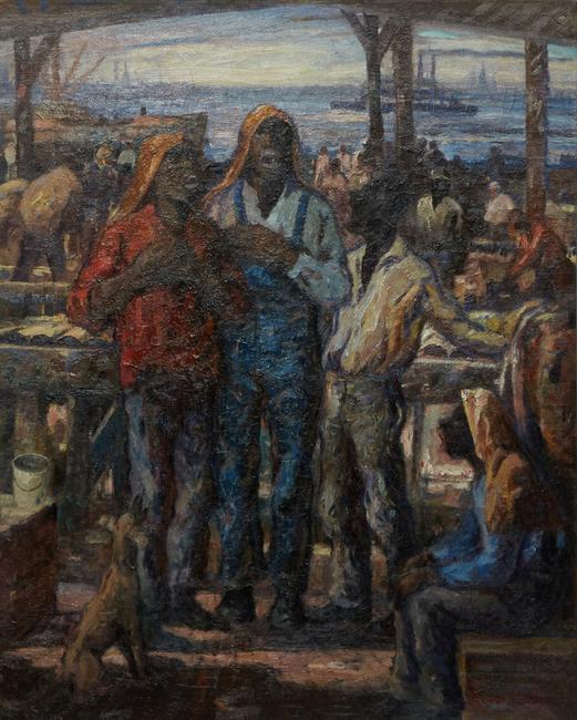 Original oil painting by iconic Louisiana artist Knute Heldner (Swedish/New Orleans, 1875-1952) titled Singing by the Mississippi River, 39 ¾ inches by 31 ½ inches (est.  $25,000-$35,000).