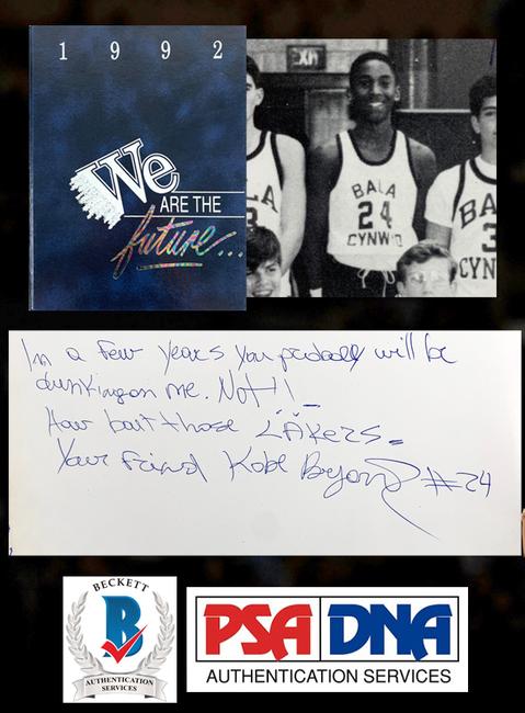 Kobe Bryant signed and inscribed 1992 middle school yearbook with a reference to the Los Angeles Lakers, the team he would play for just four years later (minimum bid: $2,500).