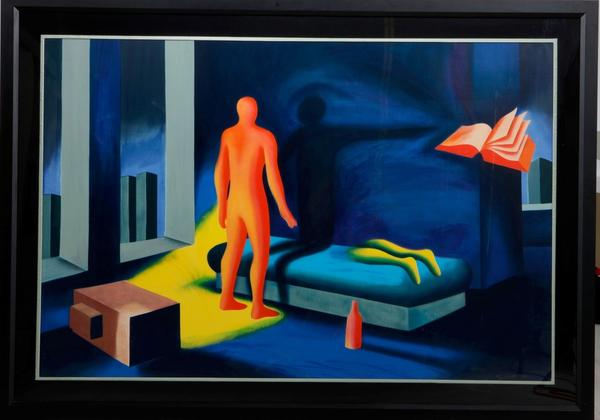 Screenprint in colors on wove paper by Mark Kostabi (American, b.  1960), titled Illuminated by Twilight (1991), signed, dated and numbered 43/50, framed 39 ¼ inches by 59 inches (est.  $1,000-$1,500).