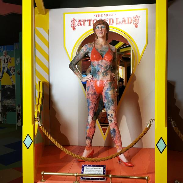 Custom sculpted, 68-inch-tall character portraying Krystyne Kolorful – who had 95 percent of her body surface tattooed, with a “Most Tattooed Lady” PVC sign (est.  $1,000-$2,000).