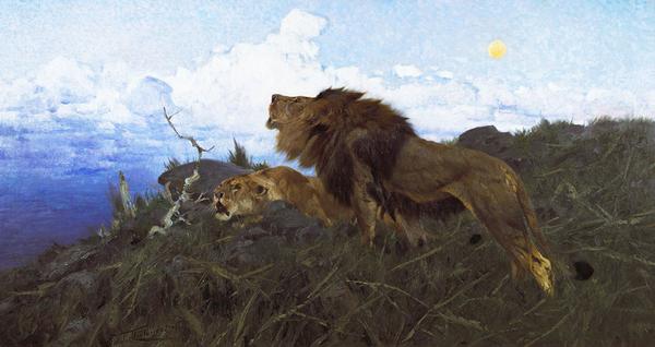 Lot 229: Friedrich Wilhelm Kuhnert (1865–1926), Brüllende Löwen, oil on canvas, 44 3/4 x 83 1/2 in, Estimate: $200,000–$300,000