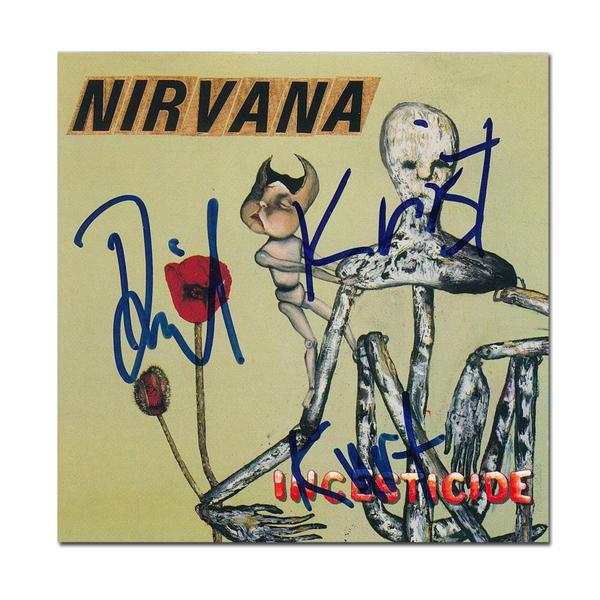 Band members Kurt Cobain, Dave Grohl and Krist Novoselic boldly signed the CD jacket for the grunge rock band Nirvana’s album Insecticide in blue felt tip marker (est.  $10,000-$11,000).