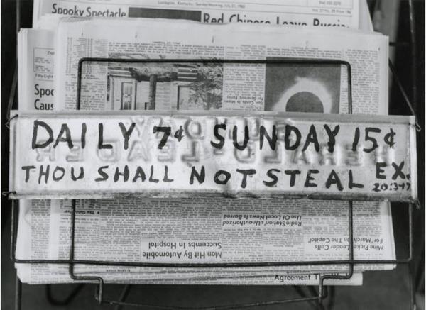 Van Deren Coke, Thou Shalt Not Steal, 1963.  Gelatin silver print, 6 1/16 x 8 1/4 in.  (15.4 x 21 cm).  The Art Museum at the University of Kentucky, Lexington