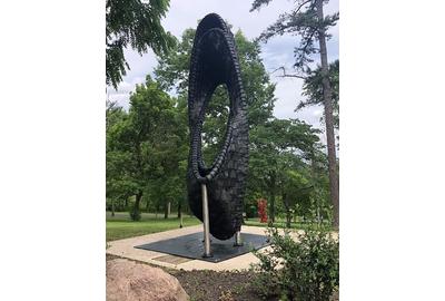 Chakaia Booker (b.  1953), United States, LBD Duty Free, 2014, reclaimed tires and stainless steel, Courtesy of the Artist, made possible through partnership with Pyramid Hill Sculpture Park & Museum