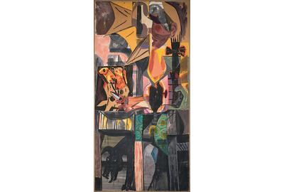 Rico Lebrun, "Mexican Meat Stall", 1954, collage, mixed media painting, 96 x 47 inches