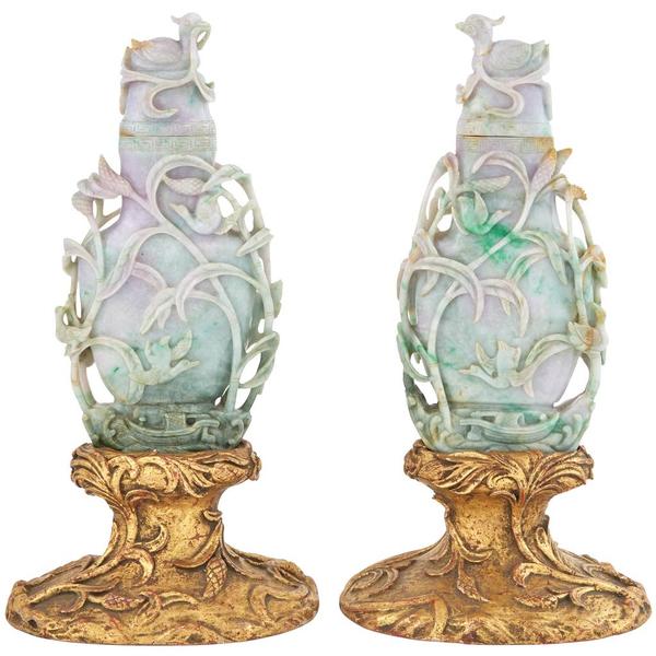 Pair of Chinese Jade Covered Vases, Qing Dynasty, Height of vase 10 inches.  Estimate: $12,000-18,000