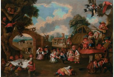 Enrico Albrici (Italian, 1714-1775), Dwarfs Celebrating a Festival, Oil on canvas, 24 3/4 x 36 7/8 inches.  The Collection of Ambassador and Mrs.  Alfred Hoffman, North Palm Beach, FL.  Est.  $10,000-20,000.  Lot 69.