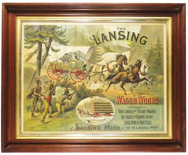 Pre-1900 Lansing Wagon Works Company (a precursor to the REO Truck Company) advertising sign in a frame.