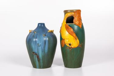 Two Ephraim pottery vases produced in the 20th century by Laura Klein, the larger one being 12 inches tall, both signed on the bottom, being sold as one lot (est.  $80-$120).