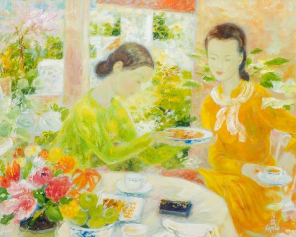 LE PHO, French/Vietnamese (1907-2001), 'Le Thé' (Tea Time), oil on canvas, signed, 32 x 39 1/2 inches, Estimate $40,000-60,000 Sold for US$100,000