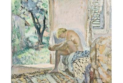 HENRI LEBASQUE (French, 1865–1937) Nu Assise sur canapé pres de la fenetre, 1934-35 Oil on canvas 21 5/16 x 25 5/8 in.  (54.1 x 65.1 cm) Signed lower right: Lebasque