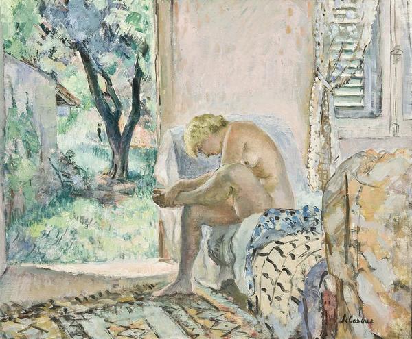 HENRI LEBASQUE (French, 1865–1937) Nu Assise sur canapé pres de la fenetre, 1934-35 Oil on canvas 21 5/16 x 25 5/8 in.  (54.1 x 65.1 cm) Signed lower right: Lebasque