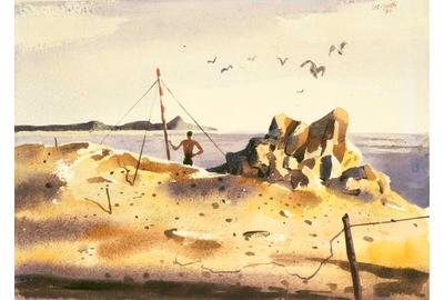 Hughie Lee-Smith (1915-1999), Untitled (Man on Shore), 1956, watercolor on paper, 13 x 18 inches / 33 x 45.7 cm, signed