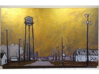 Lepanto Compress Water Tower - Gilded Sky, Lepanto, Poinsett County, Arkansas, charcoal, tinted gesso, metallic gesso on linen, 36" x 60", 2017 