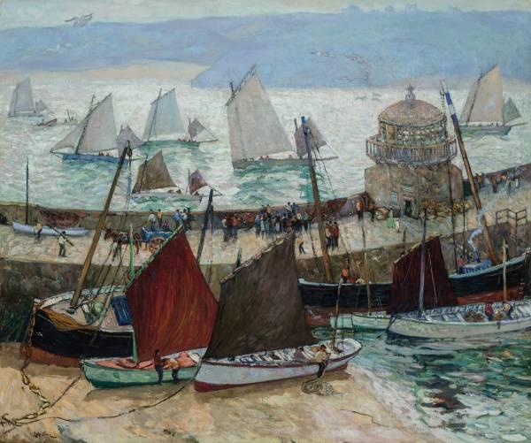 Oil on canvas painting by Australian-American artist Richard Hayley Lever (1876-1957), titled The Old Lighthouse and Fleets of St.  Ives ($162,500, a new world auction record).