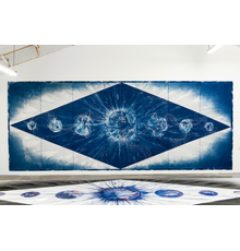 Studio view of Lia Halloran's The Sun Burns My Eyes Like Moons (2021) in progress.  Cyanotype on paper from painted negative, acrylic and ink, 119 x 300 in.