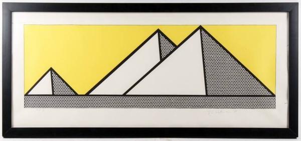 This artist proof color lithograph on paper by Roy Lichtenstein, titled Pyramids (1969), sold for $10,030 at an auction held Aug.  8-9 by Ahlers & Ogletree in Atlanta.