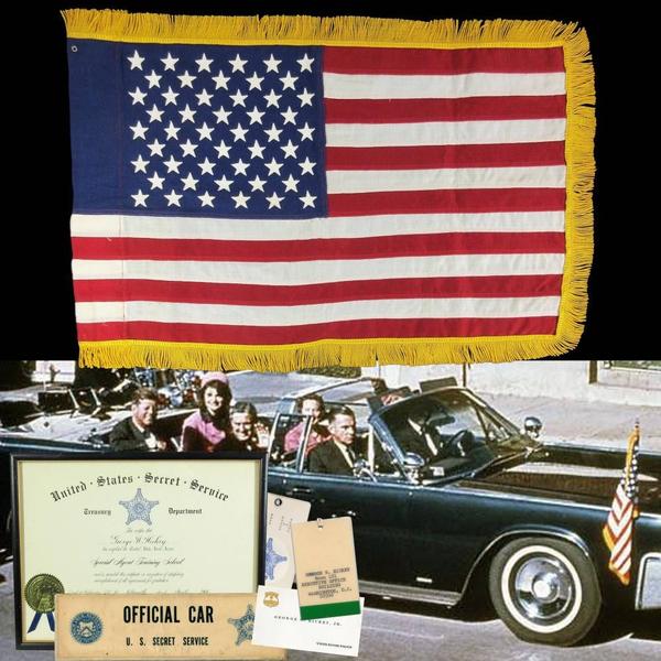 The American flag attributed and documented to have been flying over the right front bumper of the presidential limousine in the Dallas motorcade on Nov.  22, 1963 (est.  $50,000-$60,000).