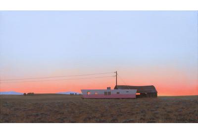 Linda Lillegraven, "Pink Trailer and Barn", Oil on linen, 2021