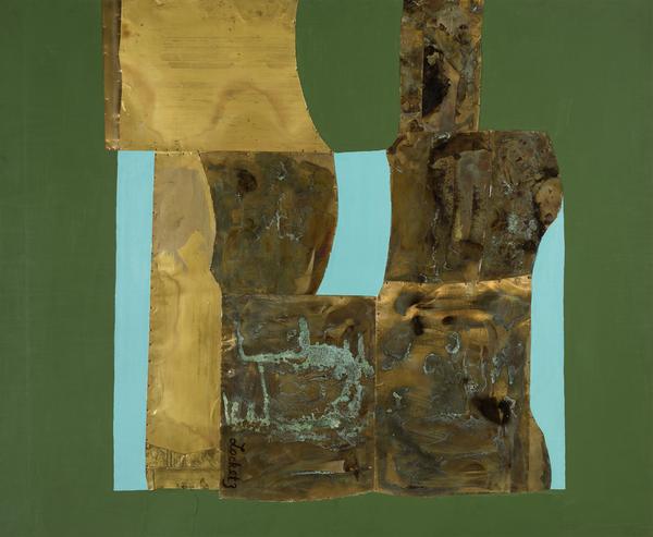 Kyoto, 1965, by Barbara Locketz (1927–2017), oil paint and metal collage on wood, 42 x 51 inches, Collection of the Barbara Locketz Estate