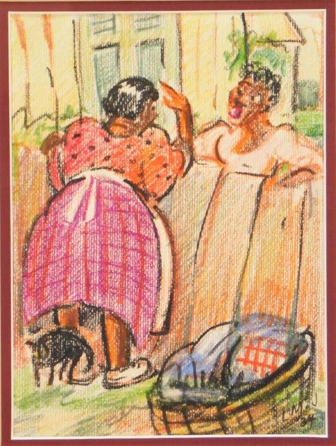 Crayon on paper illustration by Lois Mailou Jones (Mass./Haiti, 1905-1998), 8 ¾ inches by 6 ½ inches (sight), of two women doing chores and gossiping over a fence (est.  $2,000-$3,000).