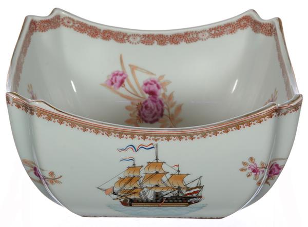 This antique Chinese Export porcelain bowl with a lovely floral design and showing a highly detailed ship will be sold at auction August 29th.