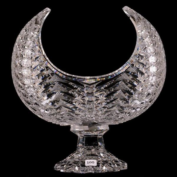 Brilliant Period Cut Glass pedestal crescent vase, signed Libbey in the Herringbone pattern, 12.5 inches tall, the largest size in one of the rarest shapes ($22,000).