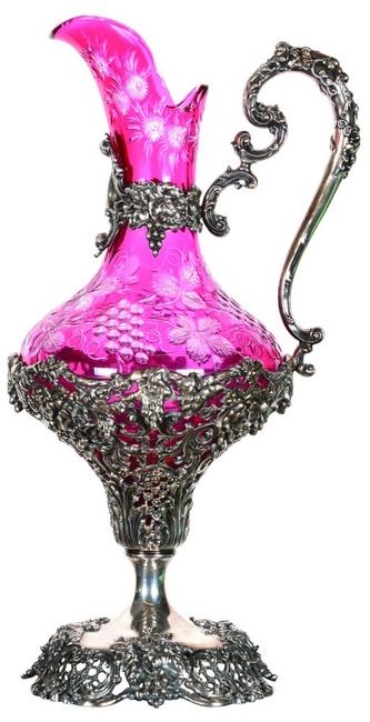 Museum-quality cranberry cut to clear Dorflinger ewer, 17 inches tall, with an extensive sterling silver base, body and handle.  