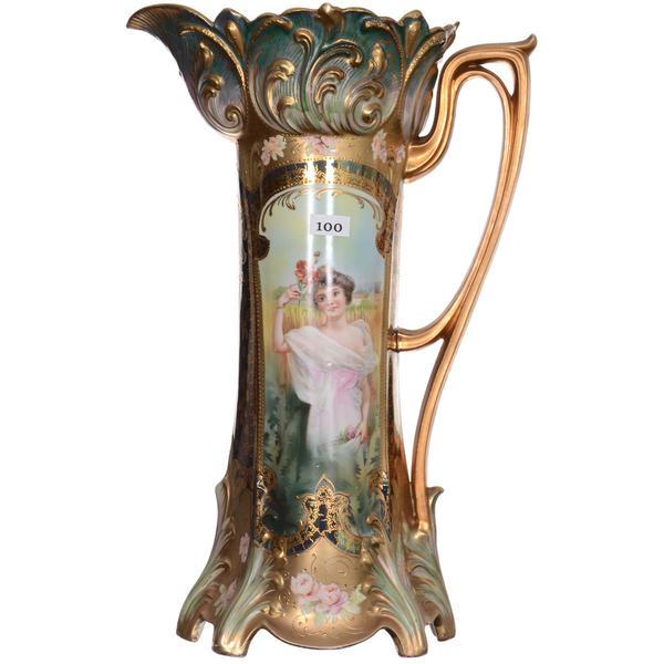 Magnificent 16-inch-tall R.  S.  Prussia mold #644 tankard with an iridescent Tiffany background and keyhole summer season portrait decor.