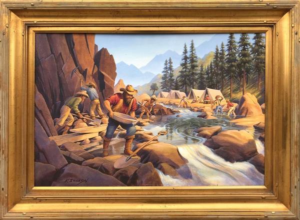 Oil on canvas depiction of California Gold Rush miners by Kerne Erickson, signed lower left and housed in a 34 inch by 46 inch deep gold frame (est.  $2,000-$4,000).