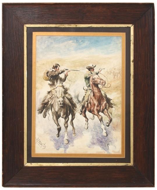 Watercolor study of a Western themed scene by the renowned artist Frederic Remington (Am., 1861-1909), titled A Dash For the Timber (est.  $15,000-$25,000).