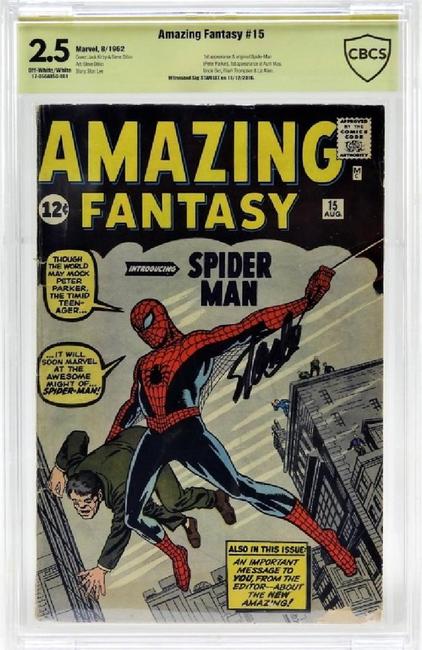 Marvel Comics Amazing Fantasy issue #15 (Aug.  1962), signed by the legendary comic illustrator Stan Lee (est.  $8,000-$12,000).