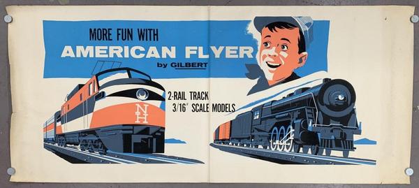 Exceedingly scarce and huge American Flyer dealer poster – 95 inches by 42 inches and made circa 1955 – chromolithographed on two pieces of paper, then factory attached ($5,100).  