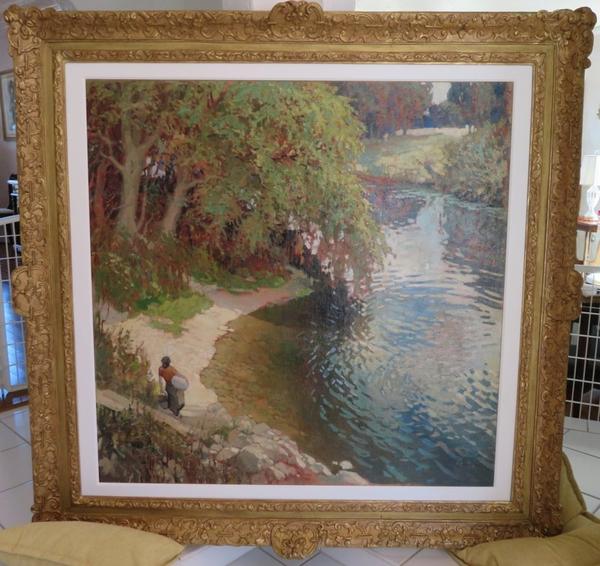 Oil on canvas figural landscape painting by the Latvian-born German painter Johann Valters-Walter Kurau (1869-1932), in a gold gilt frame, 62.5 inches by 61.5 inches (est.  $50,000-$100,000).