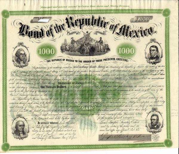 This scarce 1865 bond from the Republic of Mexico, signed by a general who was sent to the U.S.  as a secret agent after France invaded Mexico in the 1860s, sold for $8,555 at auction.