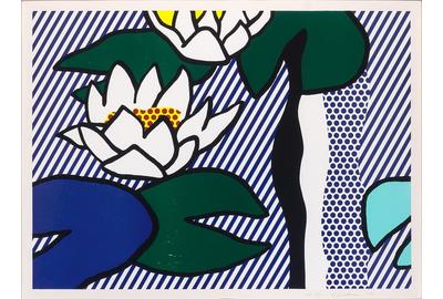 Roy Lichtenstein, Les Nymphéas, Color linocut, woodcut, lithograph and screenprint, 1993, 26 1/4 x 35 7/8 inches.  Est.  $20,000-30,000 