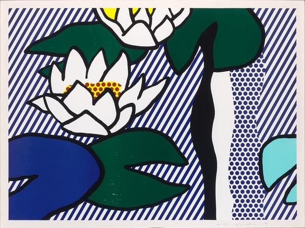 Roy Lichtenstein, Les Nymphéas, Color linocut, woodcut, lithograph and screenprint, 1993, 26 1/4 x 35 7/8 inches.  Est.  $20,000-30,000 