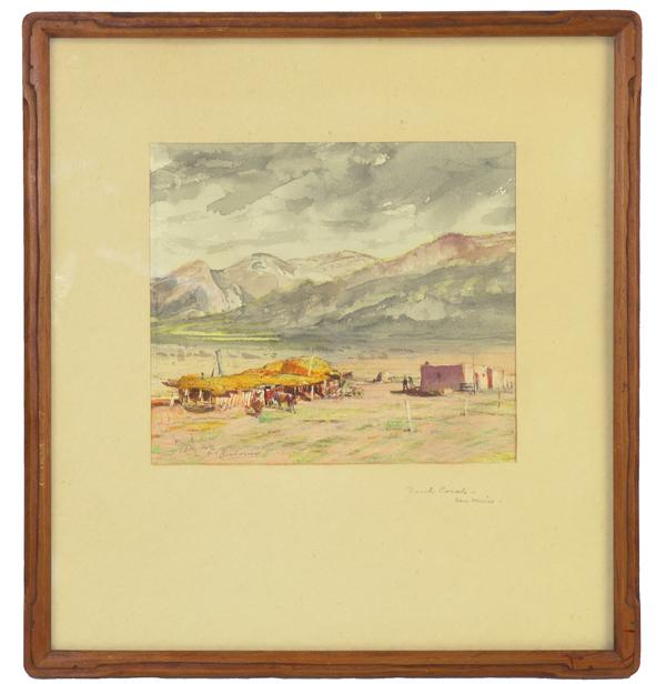 Circa-1940 watercolor painting by Oscar Berninghaus (Am., 1874-1952), titled Ranch Corals, New Mexico, housed in the original frame (est.  $6,000-$12,000).