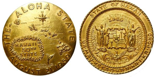 Extremely rare gold Hawaii statehood medal, number 20 of just 50 pieces struck in 1959, 7.05 troy ounces (est.  $10,000-$15,000).