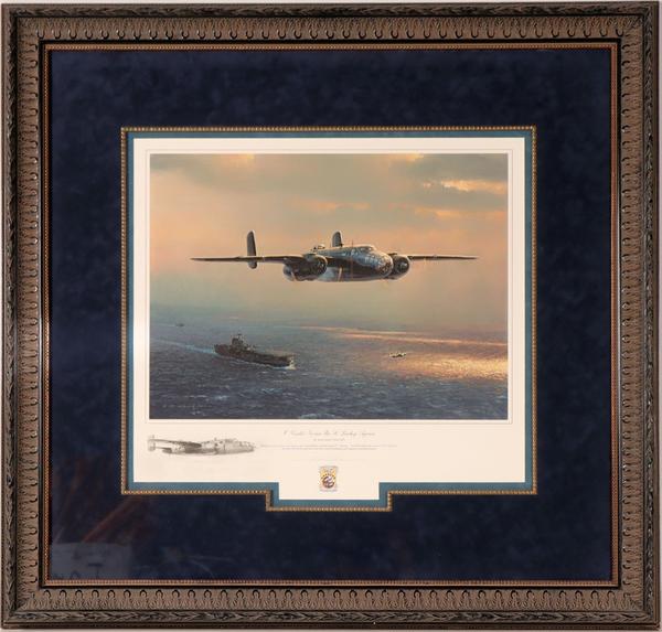 Artist proof print depicting famed World War II flying ace Jimmy Doolittle leaving the deck of an aircraft carrier, by William S.  Phillips, signed by Doolittle himself (est.  $2,500-$3,500).  