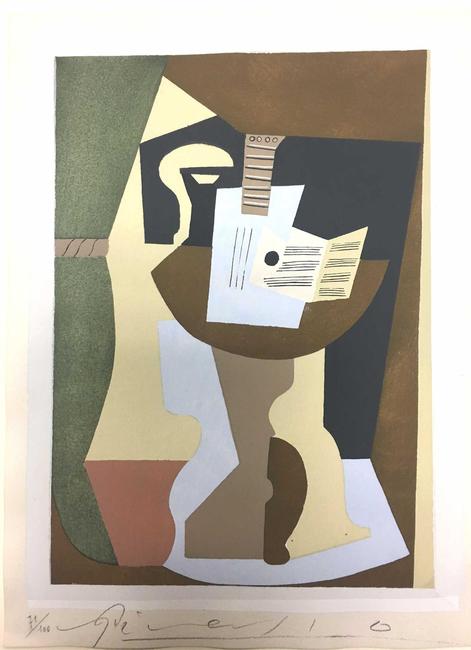 Pablo Picasso (Spanish, 1881-1973), Guitare et Partition Sur Gueridon (Guitar and Partition on Pedestal), from Dix Pochoirs Portfolio, printed in colors, circa 1920.  Pencil-signed, numbered 71/100.  Est.  $8,000-$12,000