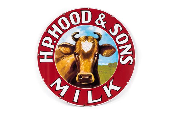 Single-sided round porcelain sign for H.P.  Hood & Sons Milk with cow graphic, marked "Burdick Enamel Sign Co., Boston, Mass.", 28.25 inches in diameter.